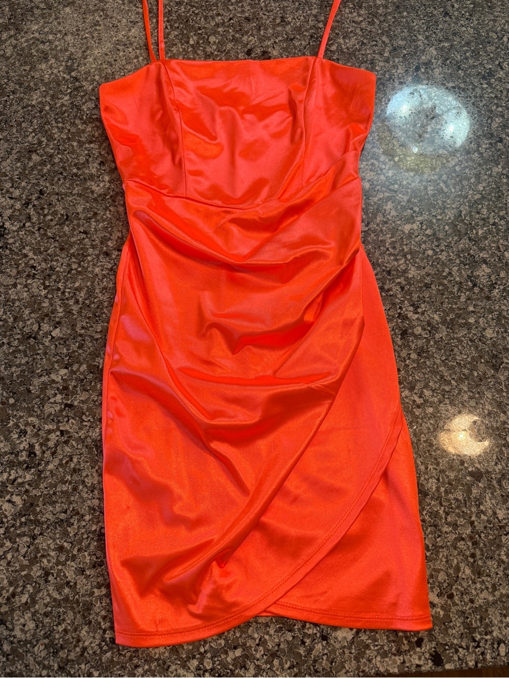 Honey and Rosie Neon Orange Satin Mini Dress with Spaghetti Straps